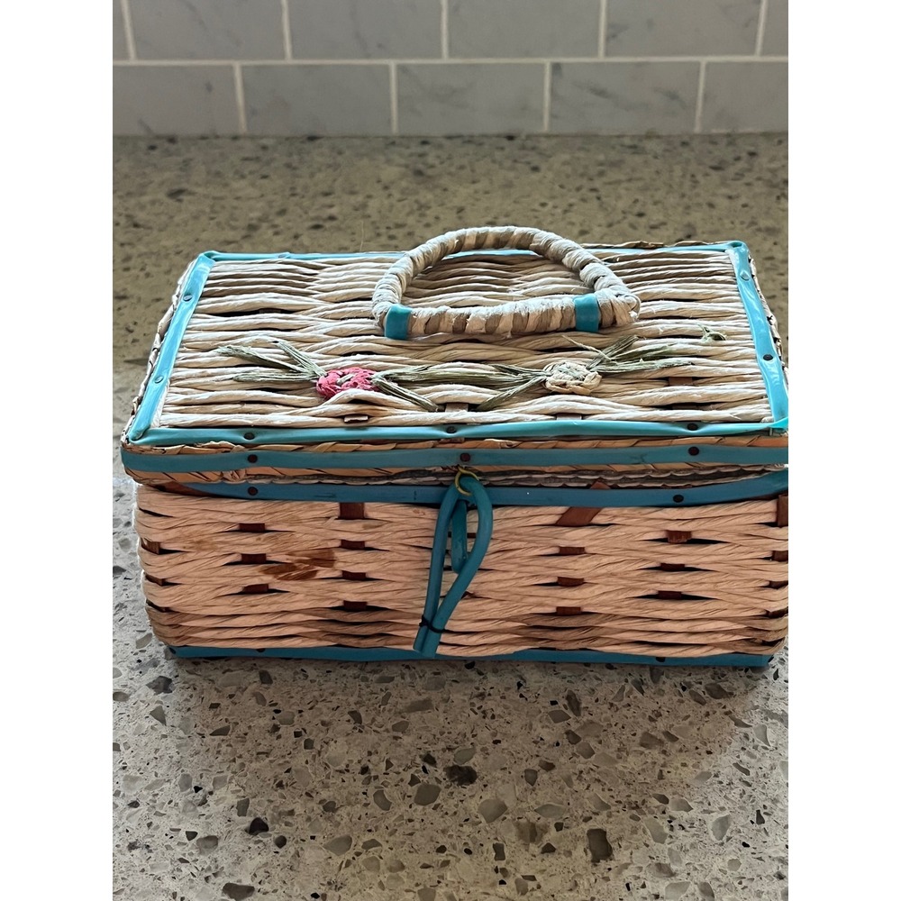 Vintage Wicker Sewing Basket Japan Turquoise Trim Raffia Floral Notions Box